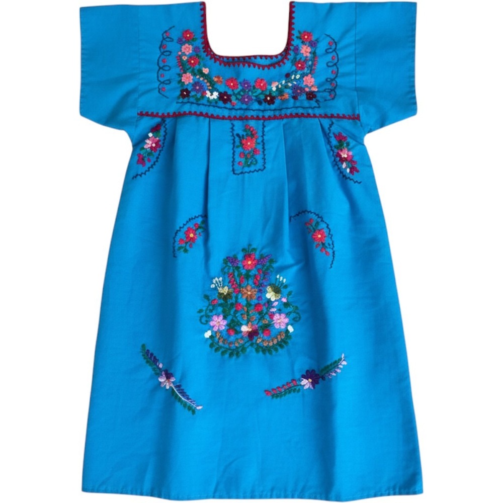 Vintage 1970s Girls Blue Cotton Embroidered Mexican Peasant Dress Size 5-6